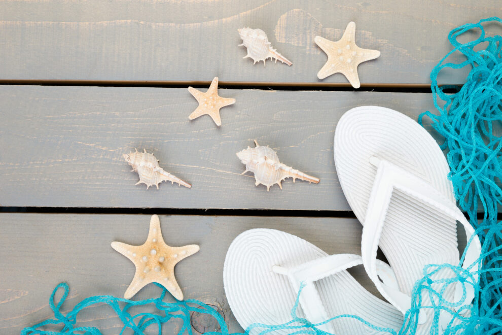 Seashells and white flip flops grey wooden background. Flat lay.